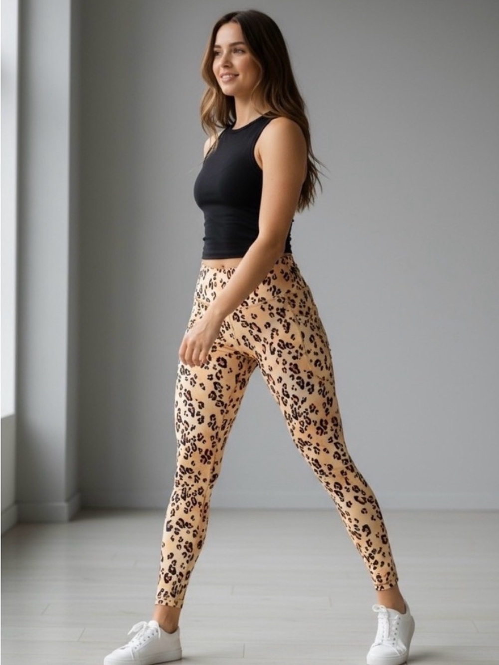 Fabletics Beige Leopard High-Waist Leggings